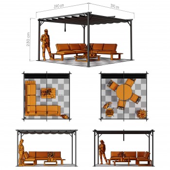 Pergola tarasowa szara z beżowym poszyciem - Irda III 4x4m GRINDI IN THE GARDEN - 3
