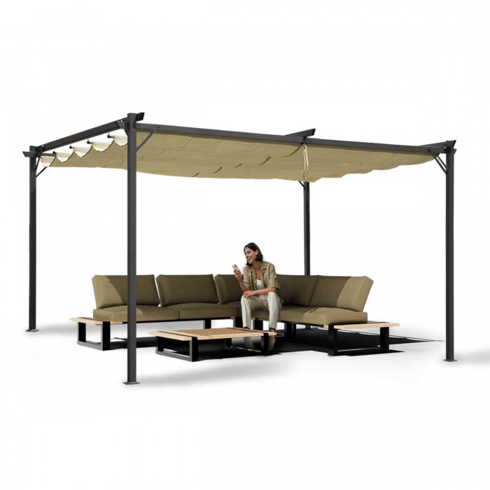 Pergola tarasowa szara z beżowym poszyciem - Irda III 4x4m GRINDI IN THE GARDEN - 4