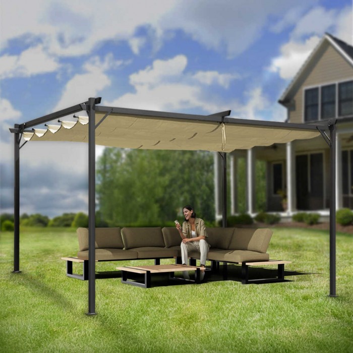 Pergola tarasowa szara z beżowym poszyciem - Irda III 4x4m GRINDI IN THE GARDEN - 6