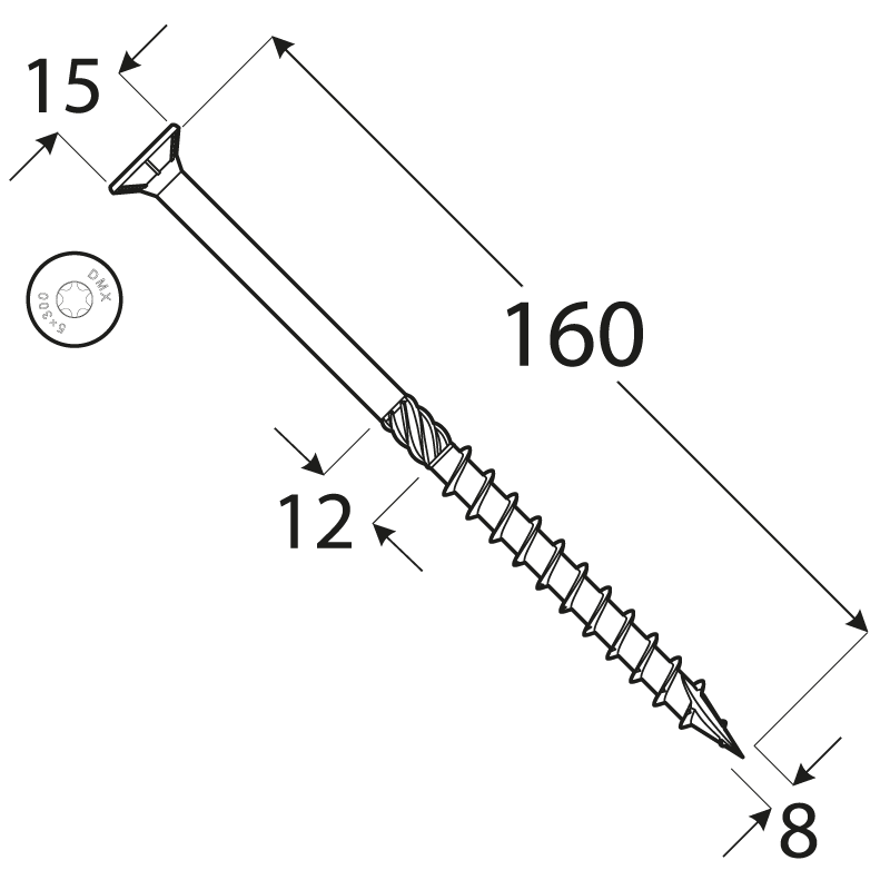 Wkręt ciesielski z łbem stożkowym 8mm - CS - karton DMX - 15