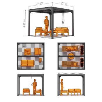 Zestaw Pergola tarasowa, szara aluminiowa - Kea I 3x3m + ścianka przesuwna + roleta GRINDI IN THE GARDEN - 3