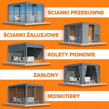 Zestaw Pergola tarasowa, szara aluminiowa - Kea VI 4x4m + ścianka przesuwna + roleta GRINDI IN THE GARDEN - 14