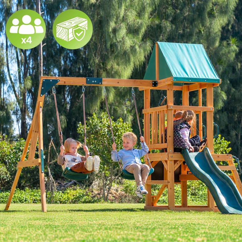 Plac zabaw ogrodowy dla dzieci drewniany huśtawka zjeżdżalnia 4 osobowa Funland II