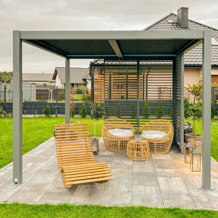 Zestaw Pergola tarasowa, szara aluminiowa - Kea VI 4x4m + ścianka PC + żaluzje GRINDI IN THE GARDEN - 6