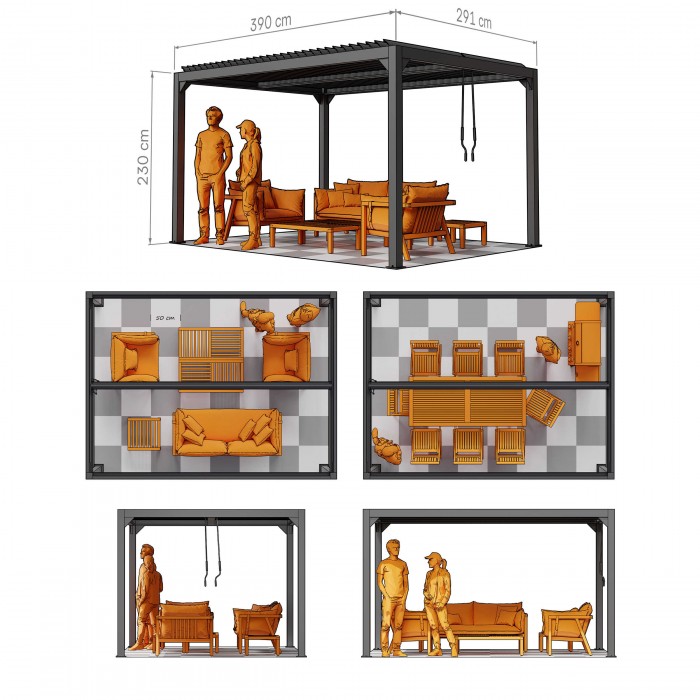 Zestaw Pergola tarasowa, szara aluminiowa - Kea II 3x4m + ścianka PC + żaluzje GRINDI IN THE GARDEN - 2