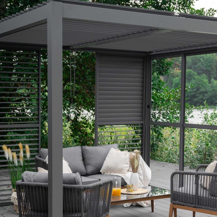 Zestaw Pergola tarasowa, szara aluminiowa - Kea II 3x4m + ścianka PC + żaluzje GRINDI IN THE GARDEN - 10