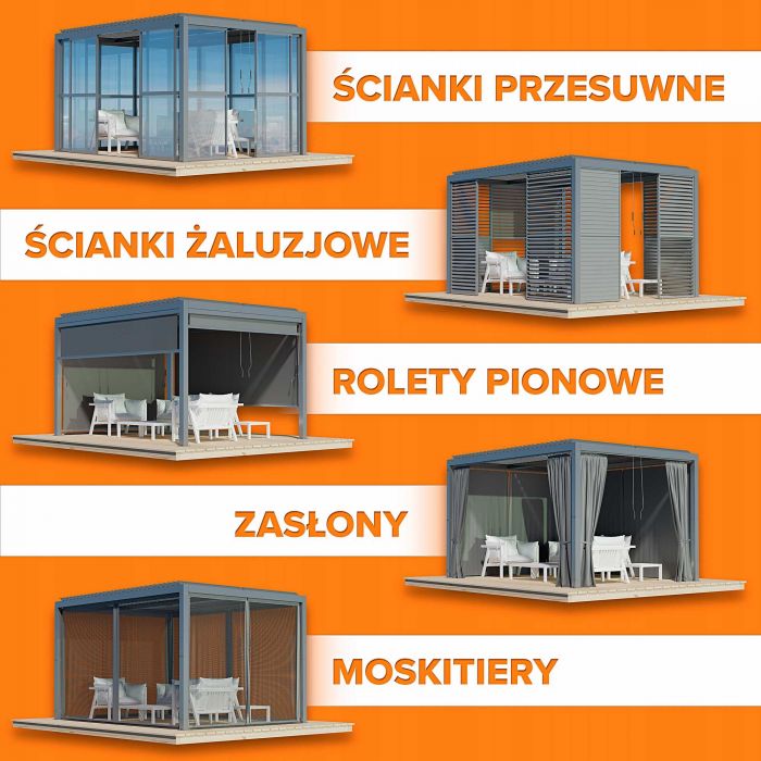 Zestaw Pergola tarasowa, szara aluminiowa - Kea II 3x4m + ścianka PC + żaluzje GRINDI IN THE GARDEN - 19