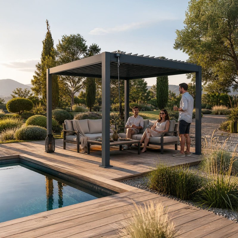 Pergola tarasowa aluminiowa wolnostojąca z lamelami 3x3 m szara – Paxi I
