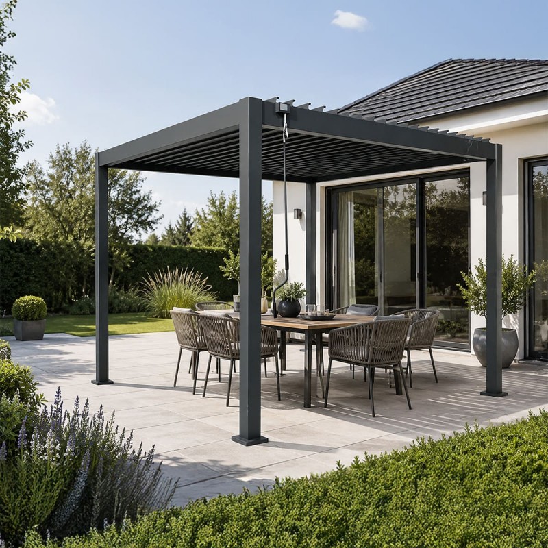 Pergola tarasowa aluminiowa wolnostojąca z lamelami 3x3 m szara – Paxi I