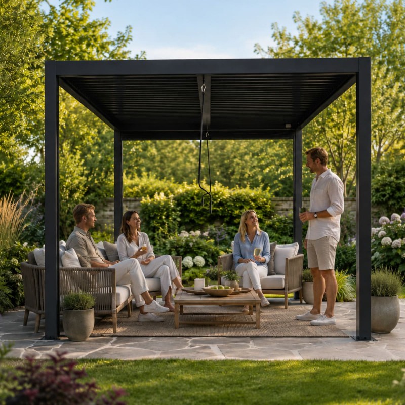 Pergola tarasowa aluminiowa wolnostojąca z lamelami alu 3x3 m szara – Evia I