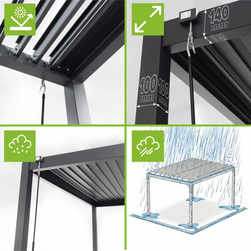 Pergola tarasowa aluminiowa wolnostojąca z lamelami alu 4x4 m szara – Evia VI