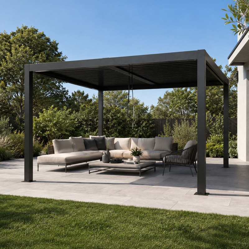 Pergola tarasowa aluminiowa wolnostojąca z lamelami alu 4x4 m szara – Evia VI