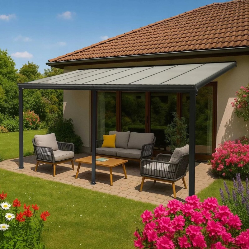 Pergola tarasowa przyścienna aluminiowa, szara - Nea II 5x3m GRINDI - 1