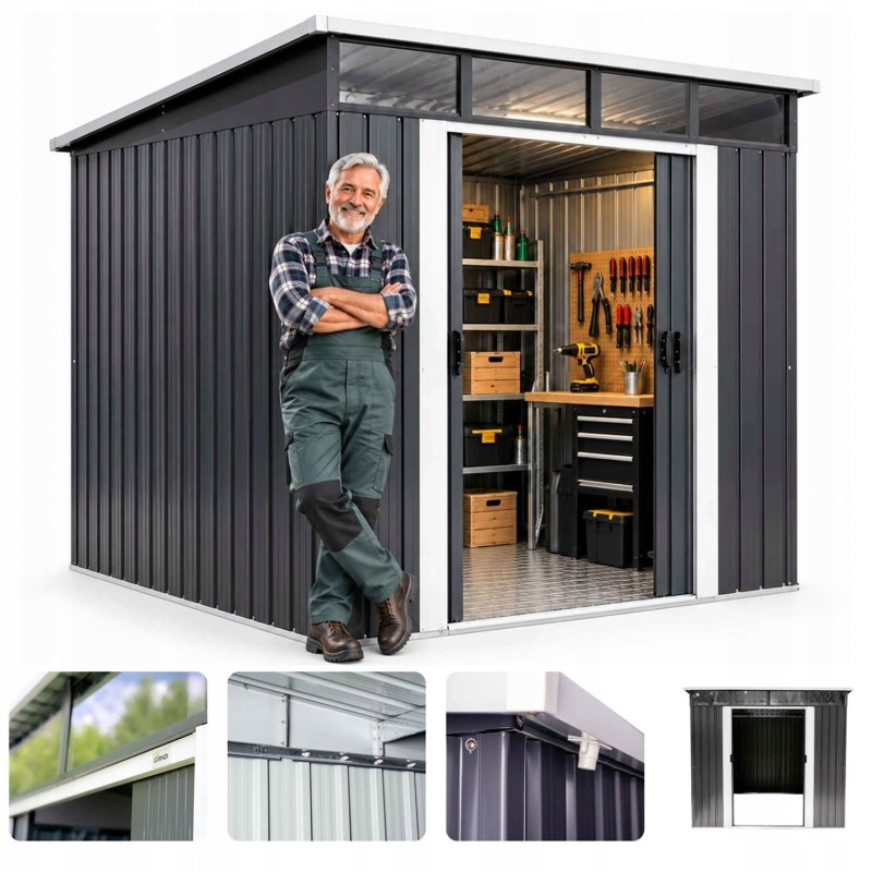 Domek ogrodowy metalowy, szary - Ribes II - 236x238x202 Grindi - 14