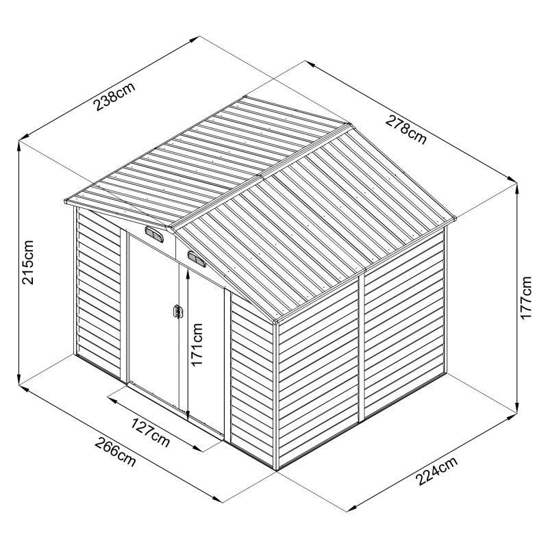 Domek ogrodowy metalowy, imitacja drewna - Arbor III - 238x278x215 Grindi - 10