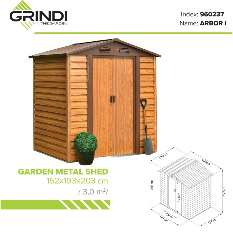 Domek ogrodowy metalowy, imitacja drewna - Arbor I - 152x193x203 Grindi - 11