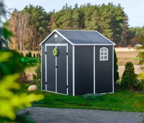 Domek ogrodowy plastikowy 2,4 x 1,9 x 2,4 m szary - Domek narzędziowy Bellis II
