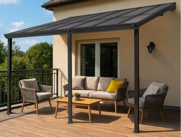 Pergola tarasowa przyścienna aluminiowa, szara - Nea II 4,3x3m